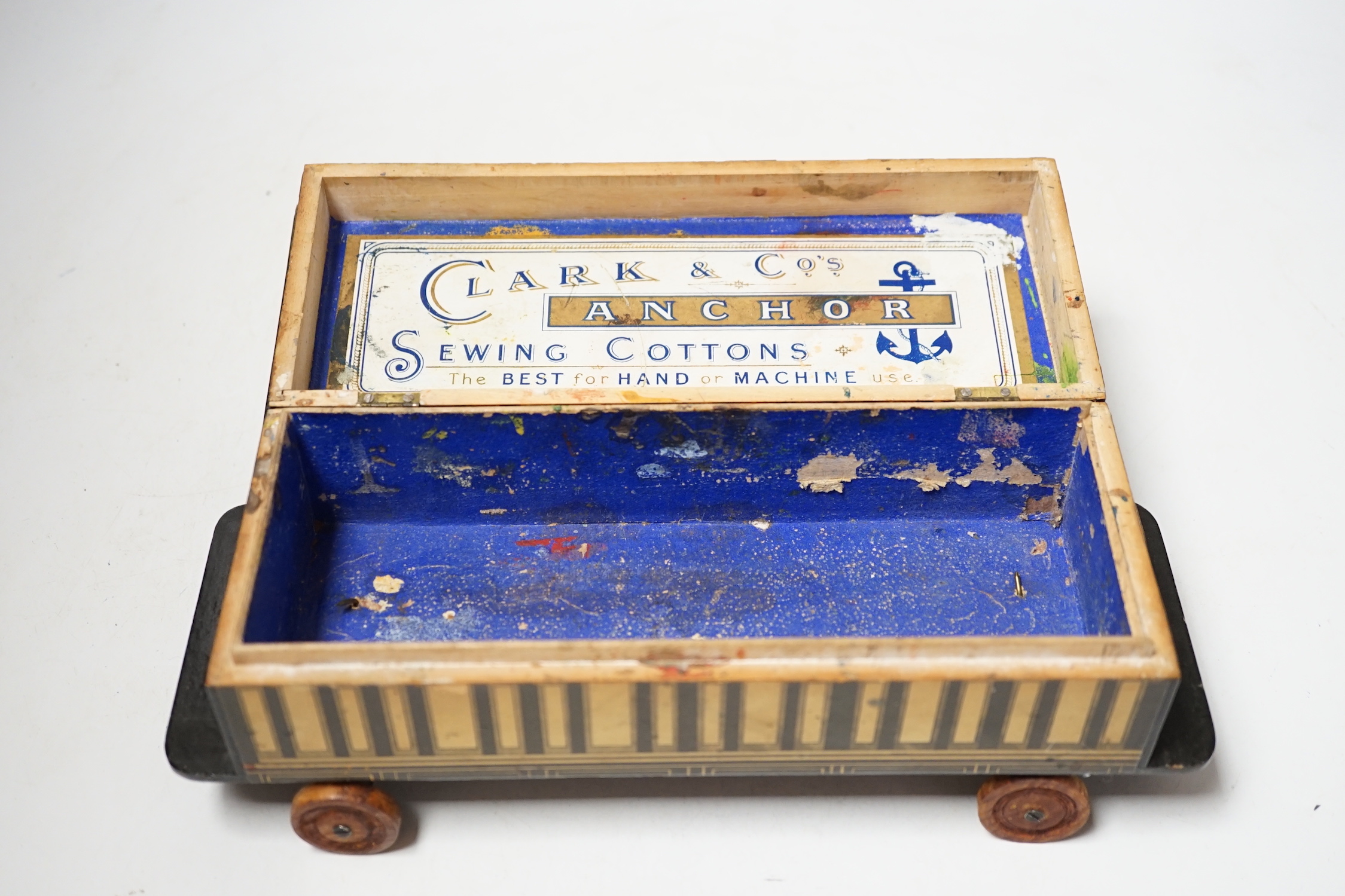 A Clark & Co ‘coach’ box for sewing cottons, in the shape of a first class Pullman railway coach, 26cm